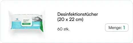 Produktkarte mit Desinfektionstüchern und Mengenangabe